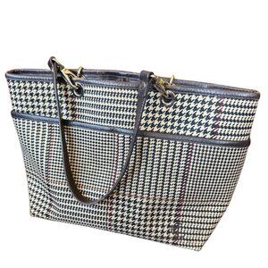 Lauren Ralph Lauren Millbrook Houndstooth Glen Plaid Tote Bag Brown Leather Trim